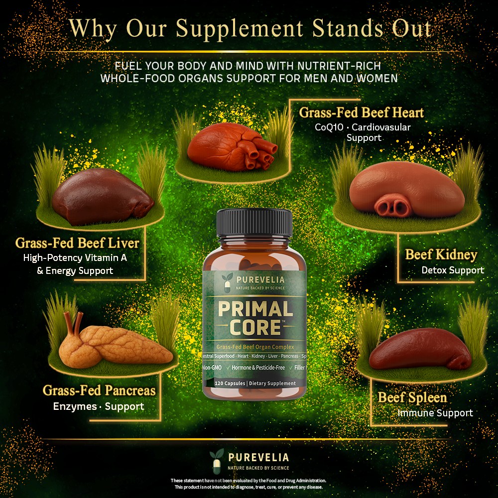 Grass-fed beef organ ingredients used in Purevelia supplements — whole-food, nutrient-dense nutrition
